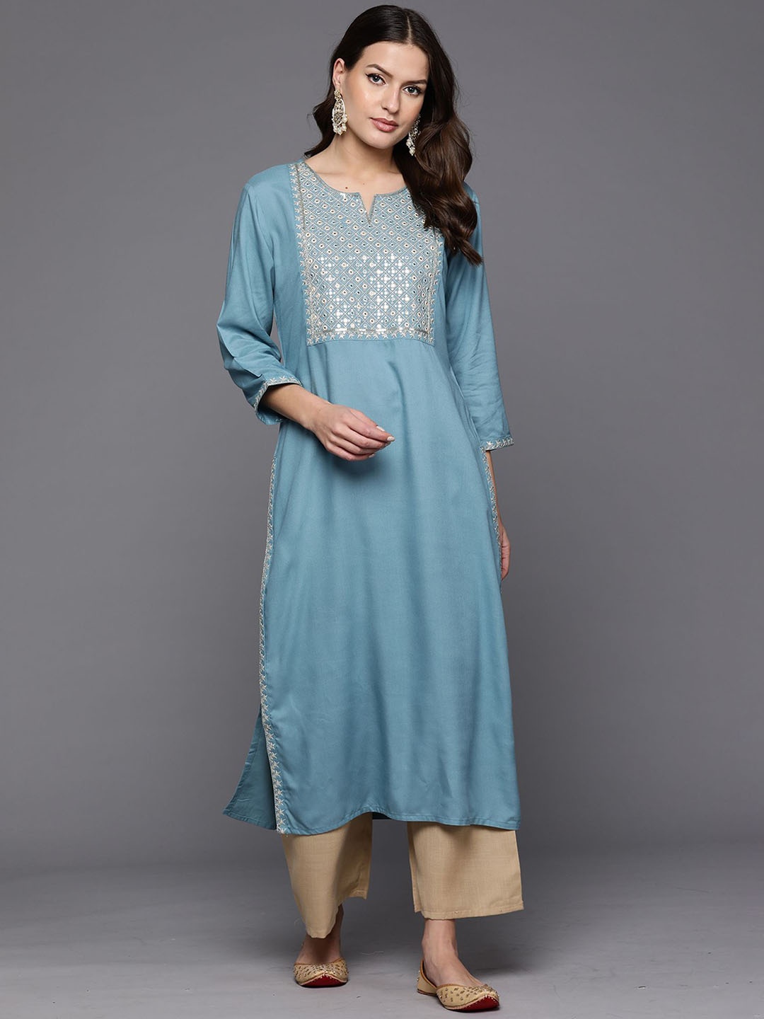 

Indo Era Blue Notch Neck Embroidered Mirror Work Straight Kurta