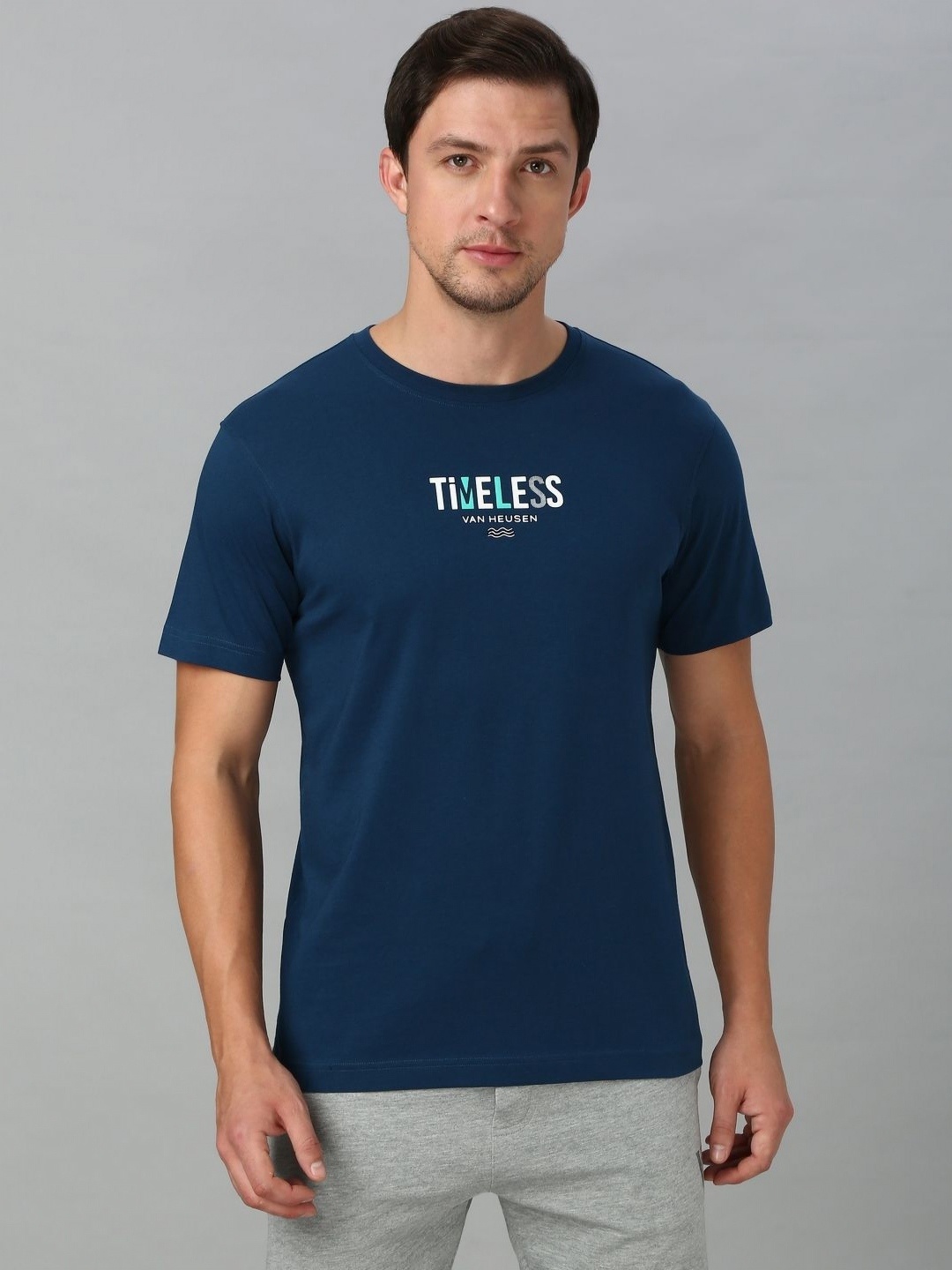 

Van Heusen Men Typography Printed Round Neck Cotton T-shirt, Teal