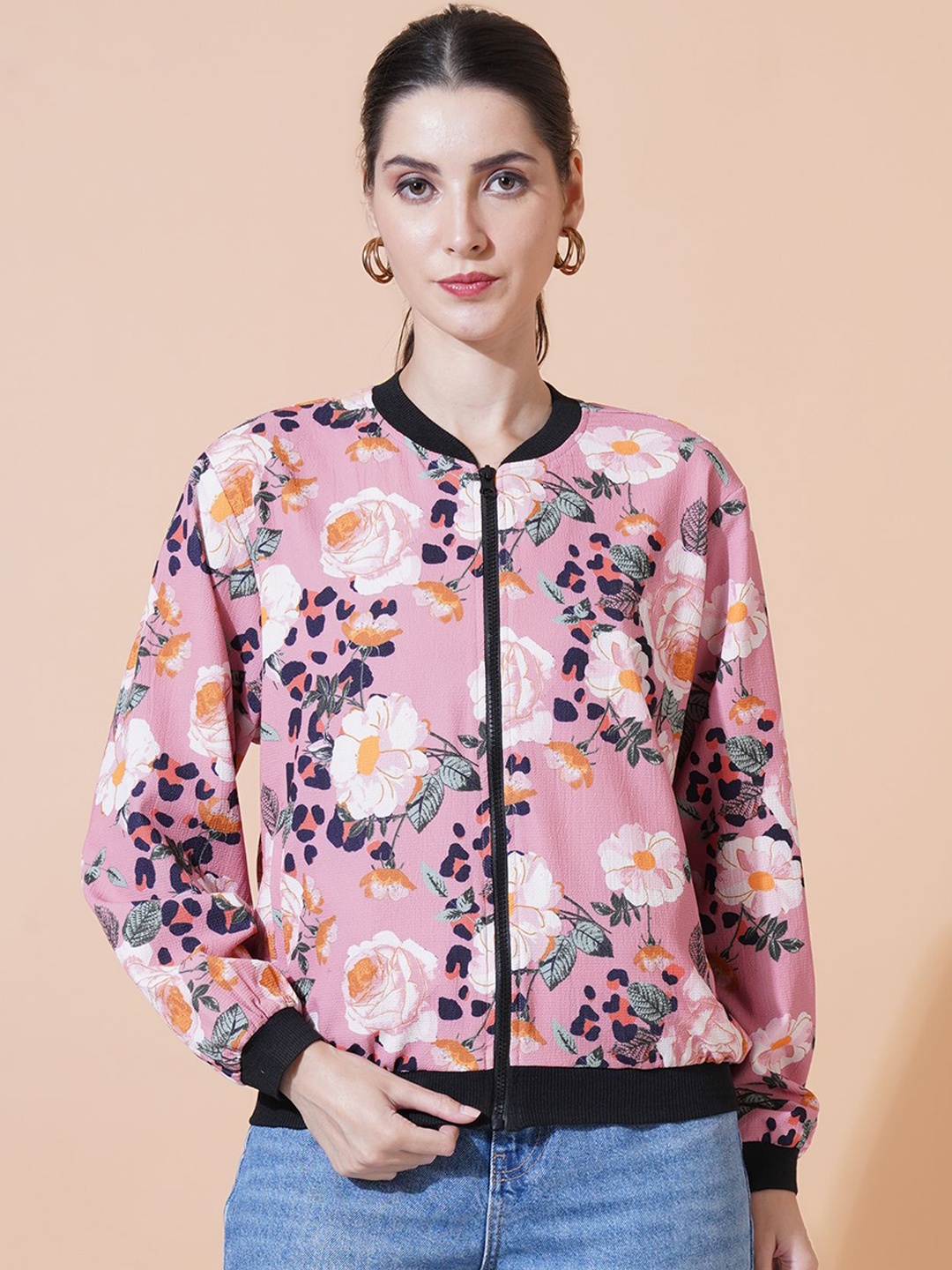 

Mast & Harbour Women Stand Collar Floral Printed Casual Bomber Jacket, Pink