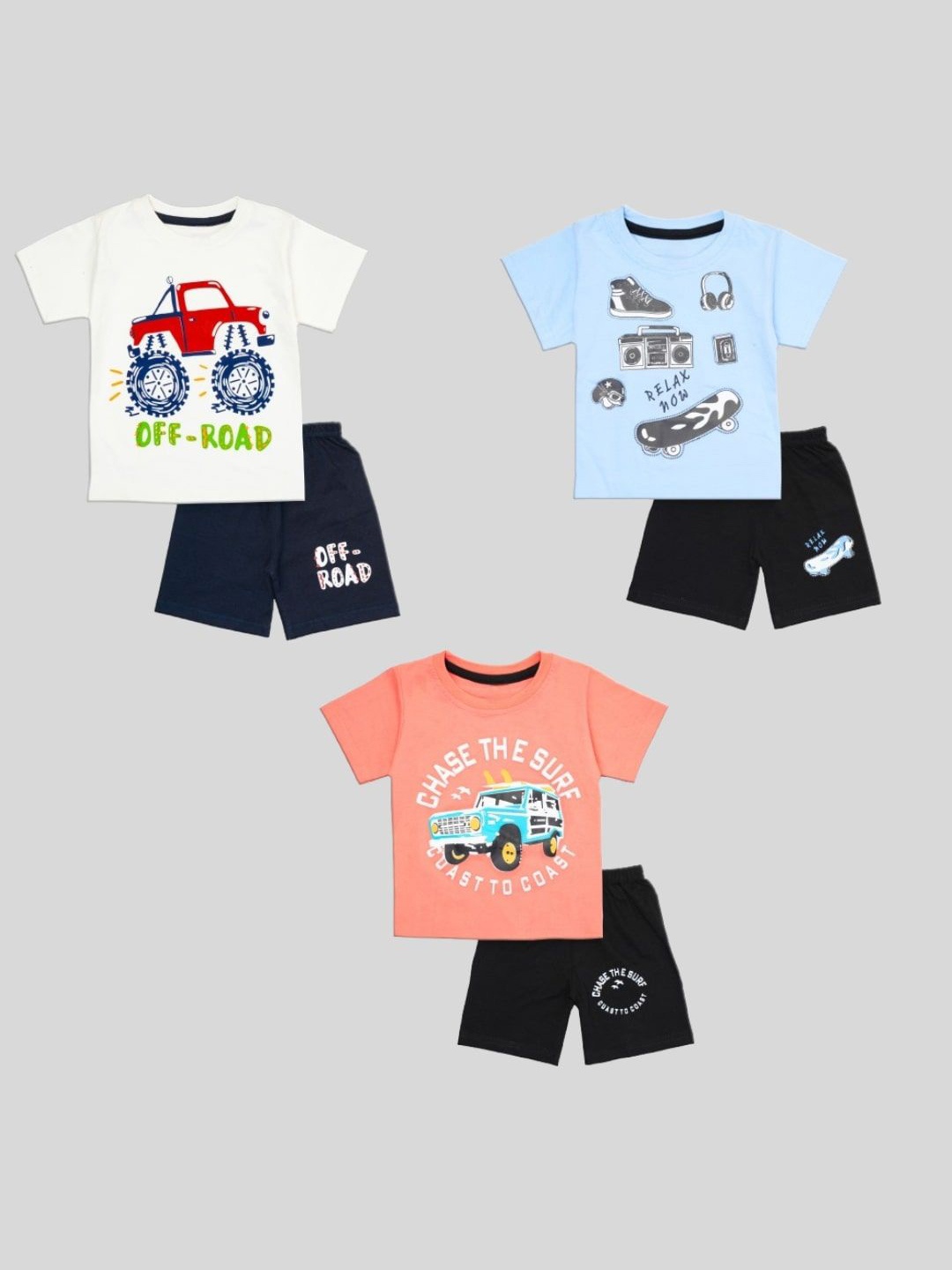 

BURBN Pack of 3 Printed Pure Cotton T-shirt with Shorts, Blue
