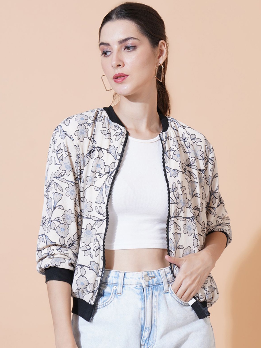 

Mast & Harbour Women Stand Collar Floral Printed Casual Bomber Jacket, White