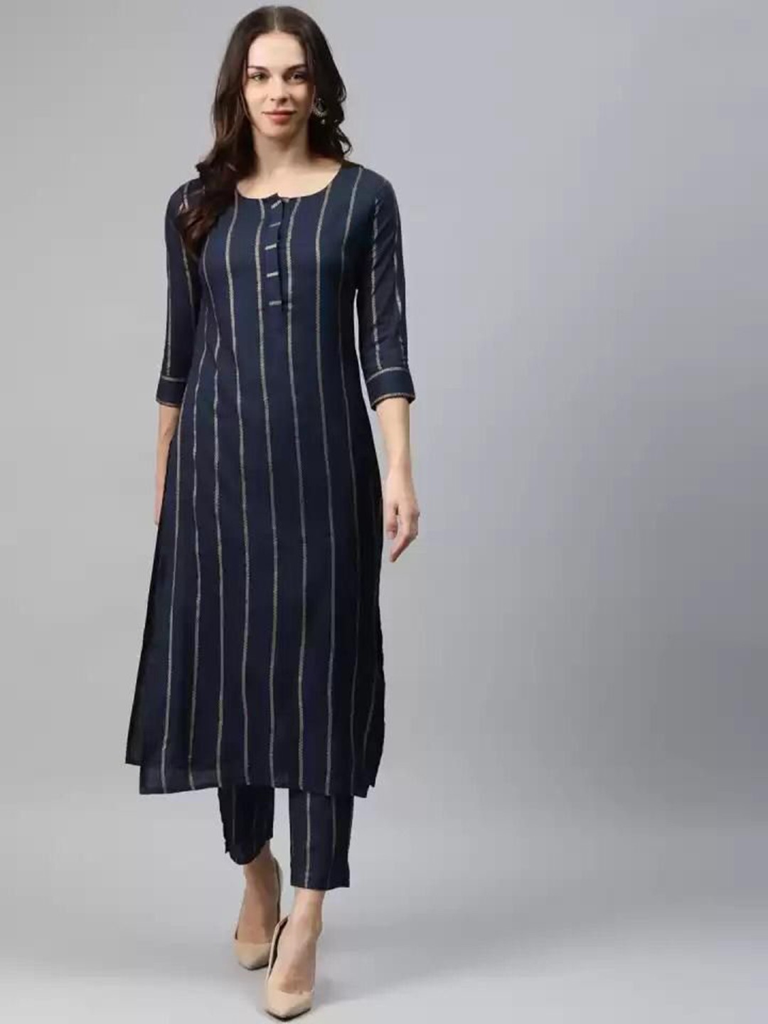 

KALINI Striped Straight Kurta With Trouser Set, Blue