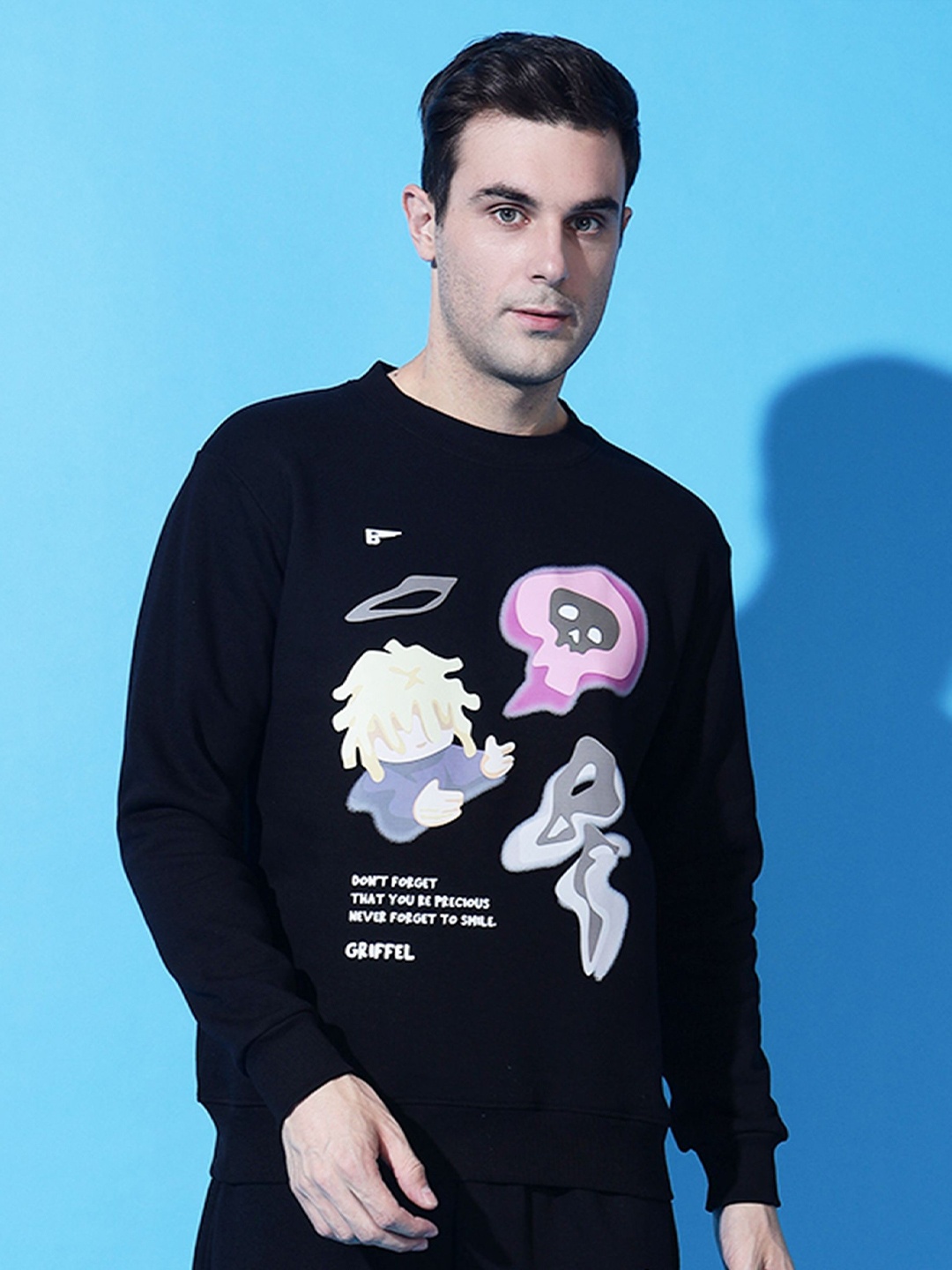 

GRIFFEL Men Printed Round Neck Long Sleeves Pullover Sweatshirt, Black