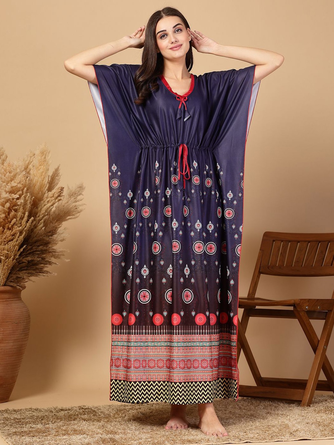 

FABINALIV Women Geometric Printed Maxi Kaftan Nightdress, Blue