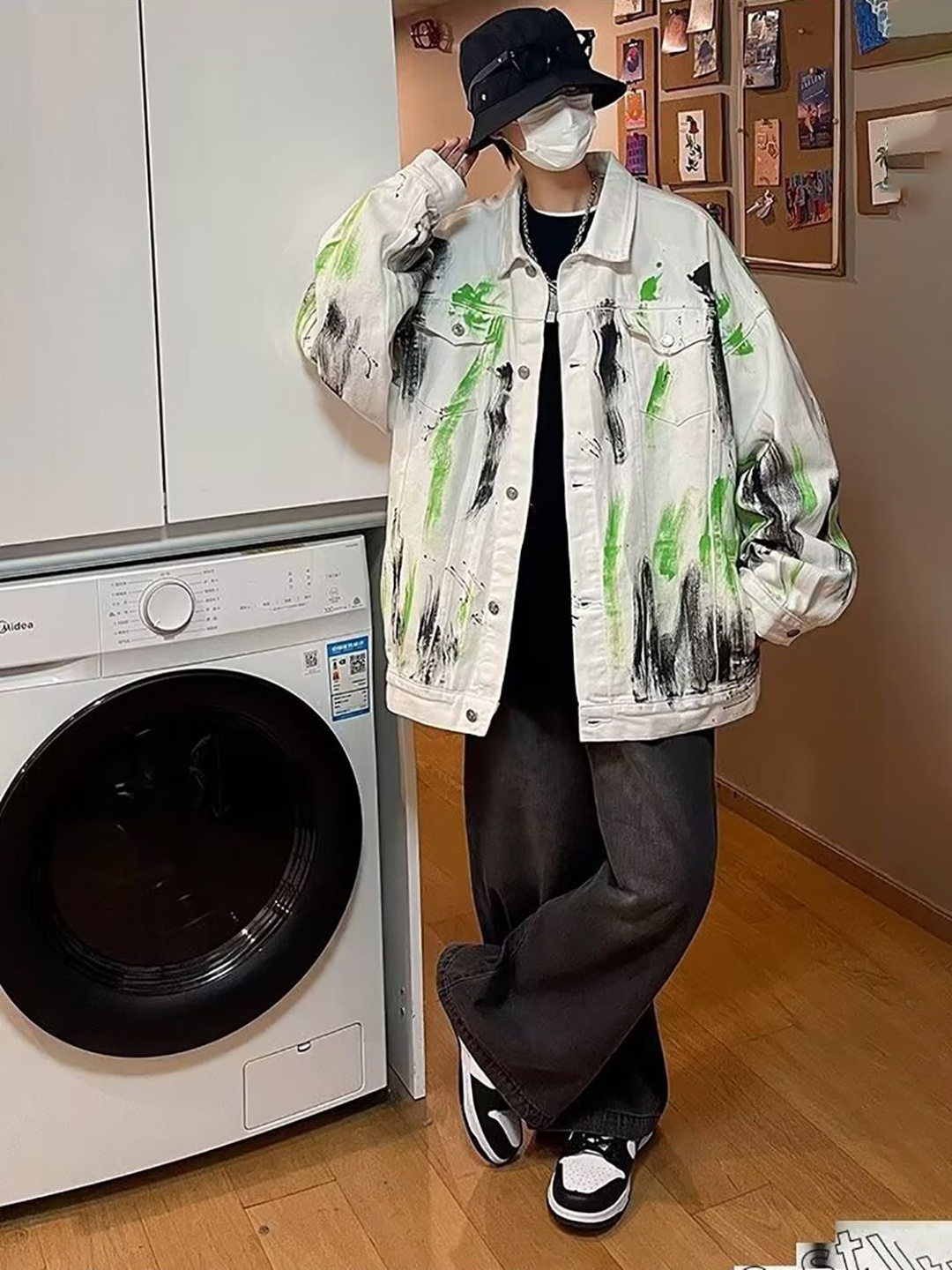 

StyleCast x Revolte Men Spread Collar Abstract Printed Casual Denim Jacket, White