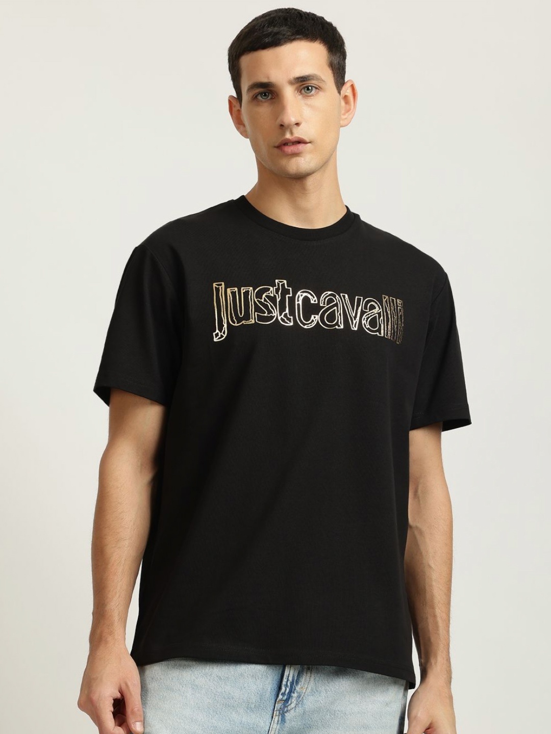 

Just Cavalli Men Typography Printed Round Neck Cotton T-shirt, Black