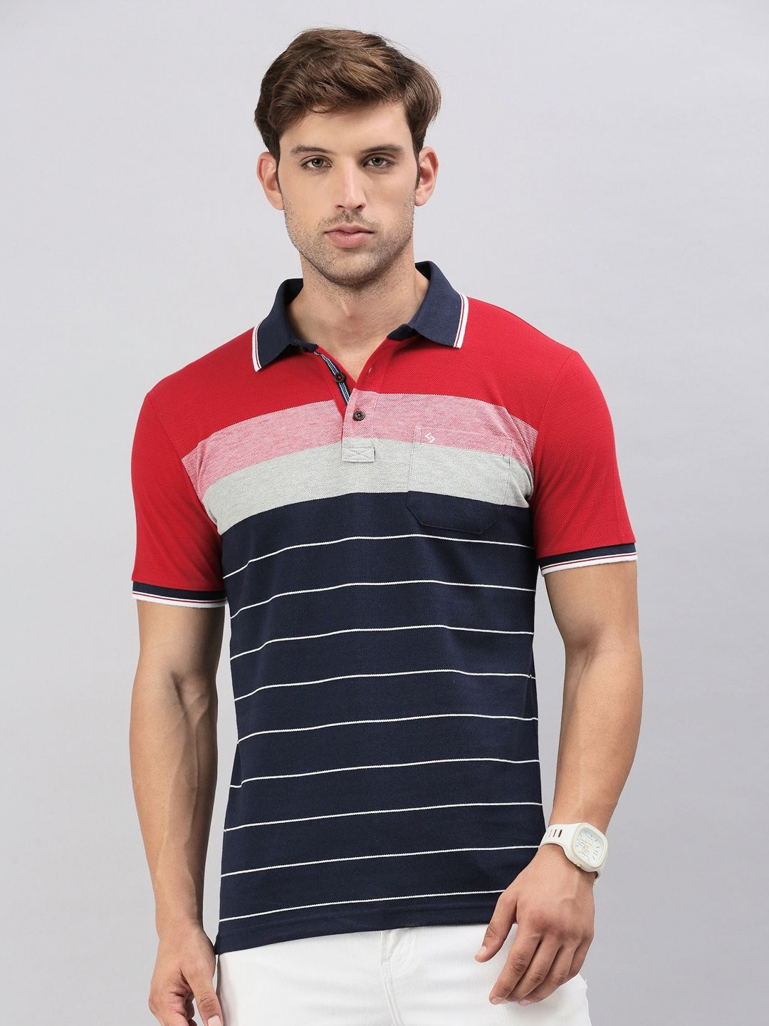 

Classic Polo Men Striped Polo Collar Cotton T-shirt, Navy blue