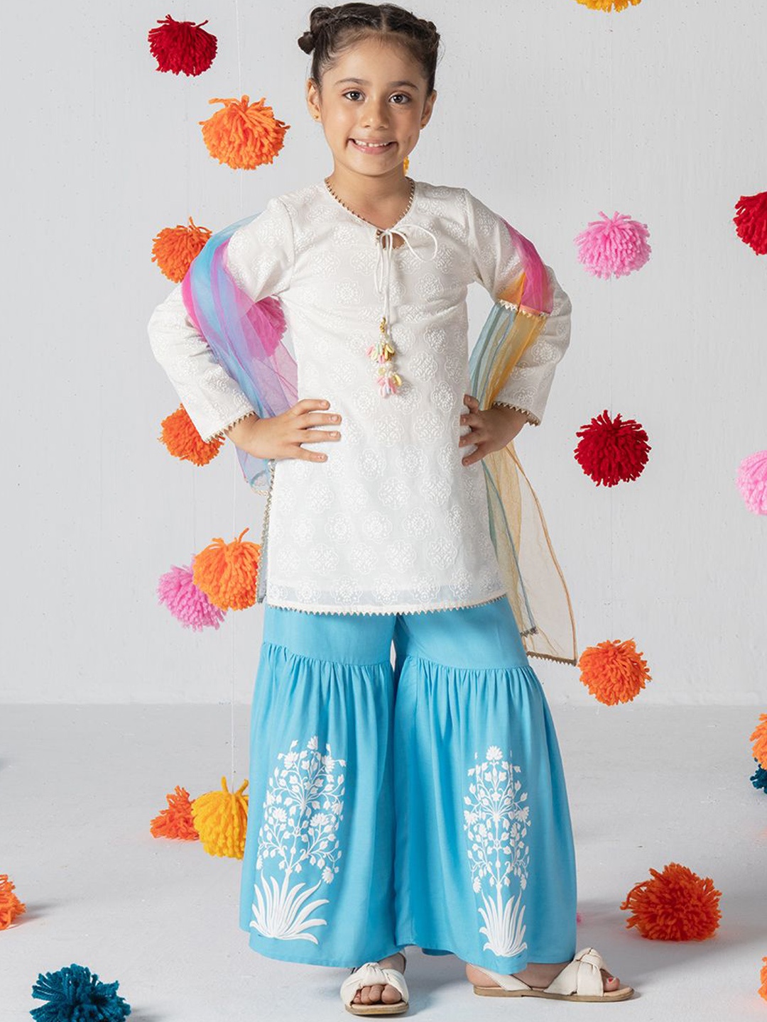 

SPUNKIES Girls Floral Printed Pure Cotton Kurta with Sharara & Dupatta, White