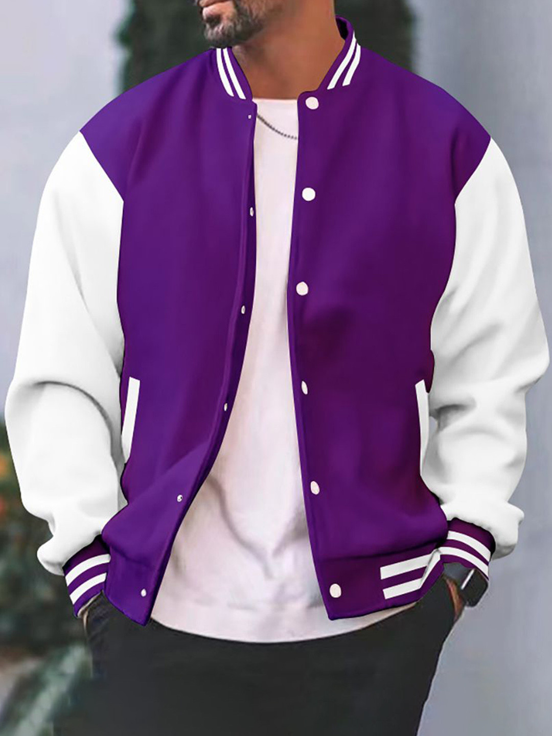 

StyleCast x Revolte Men Stand Collar Colourblocked Casual Bomber Jacket, Purple