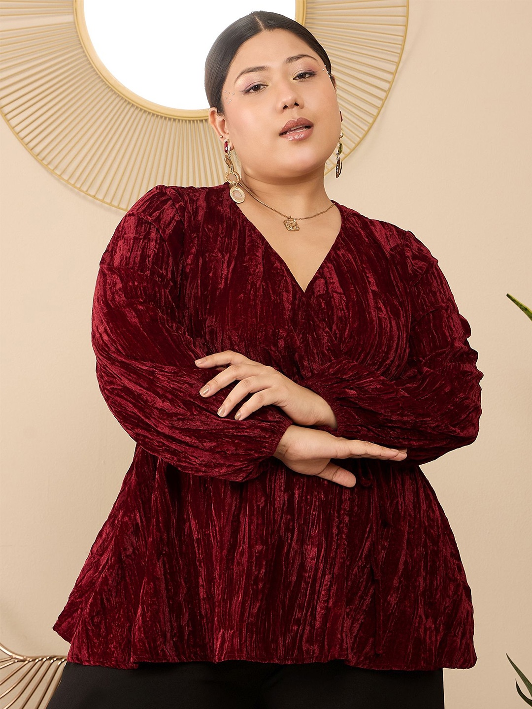 

Berrylush Curve Puff Sleeve Plus Size Wrap Top, Maroon