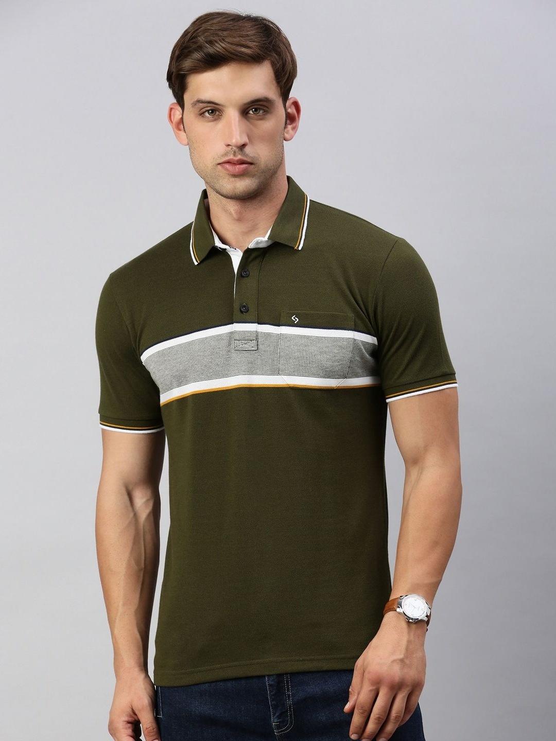 

Classic Polo Men Striped Polo Collar Cotton T-shirt, Olive