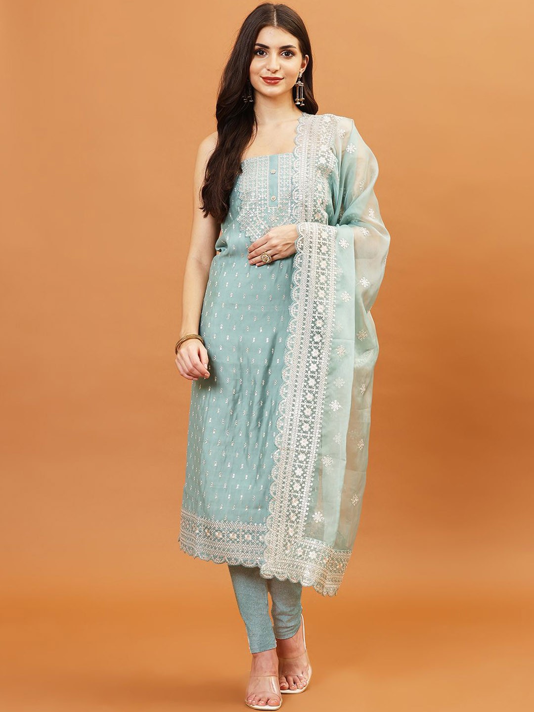 

Meena Bazaar Ethnic Motifs Embroidered Sequinned Unstitched Dress Material, Blue