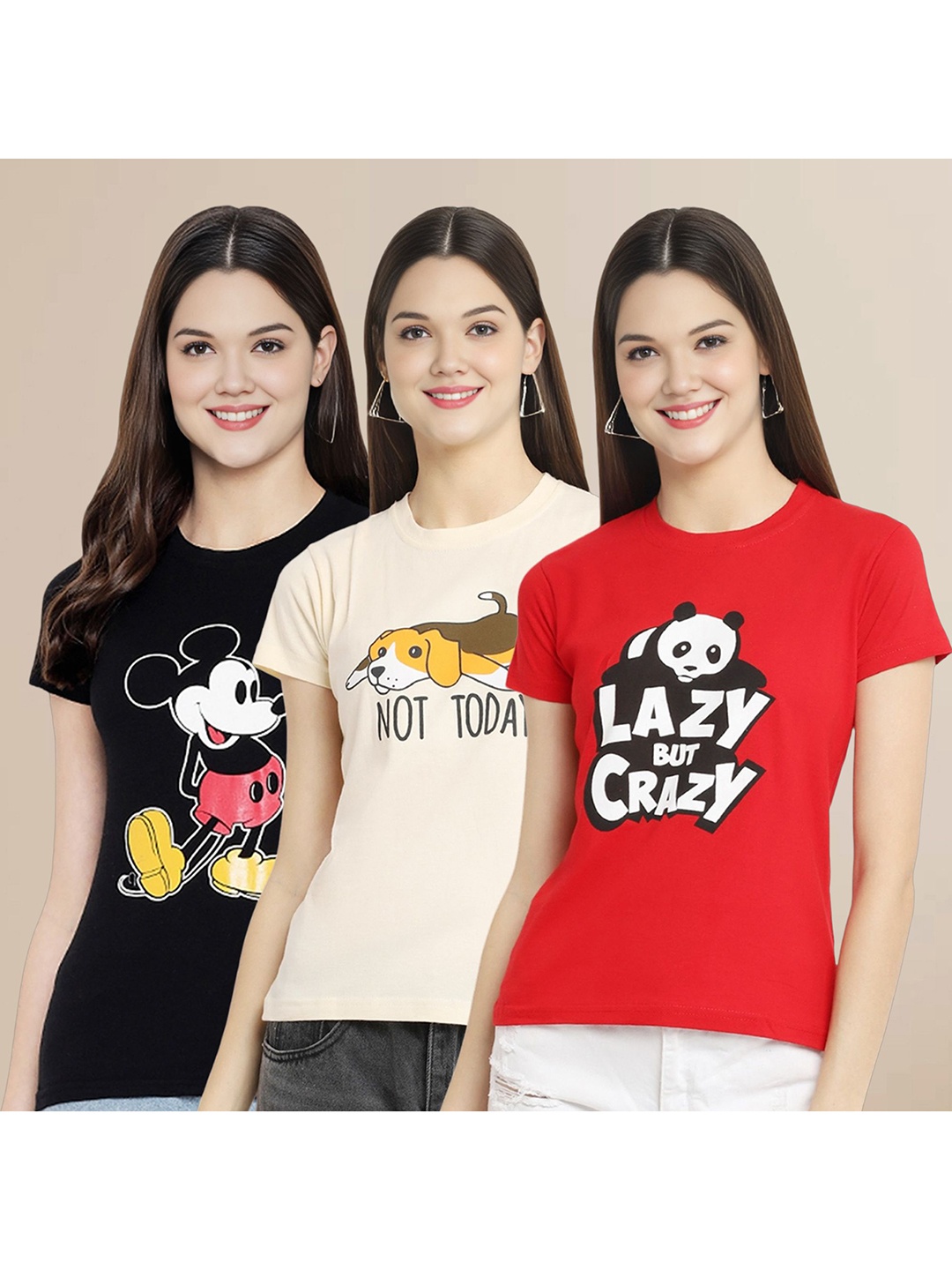 

Metronaut Women Pack Of 3 Typography Printed Round Neck Cotton Mickey Mouse T-shirts, Black