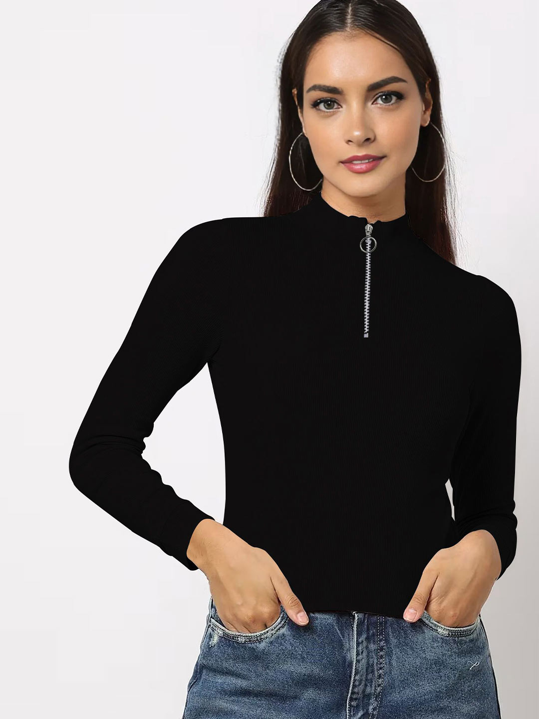 

Dream Beauty Fashion Women High Neck Half Zipper Top, Black
