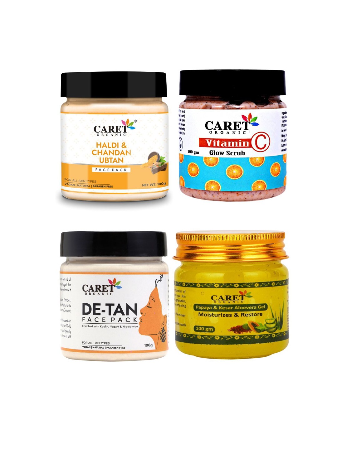 

CARET ORGANIC Set Of 4 Chandan Face Pack, Kesar Gel, Vitamin C Scrub & De-Tan Face Pack, White
