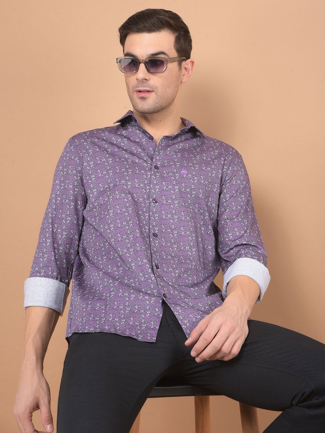 

Crimsoune Club Men Classic Conversational Printed Cotton Slim Fit Casual Shirt, Purple