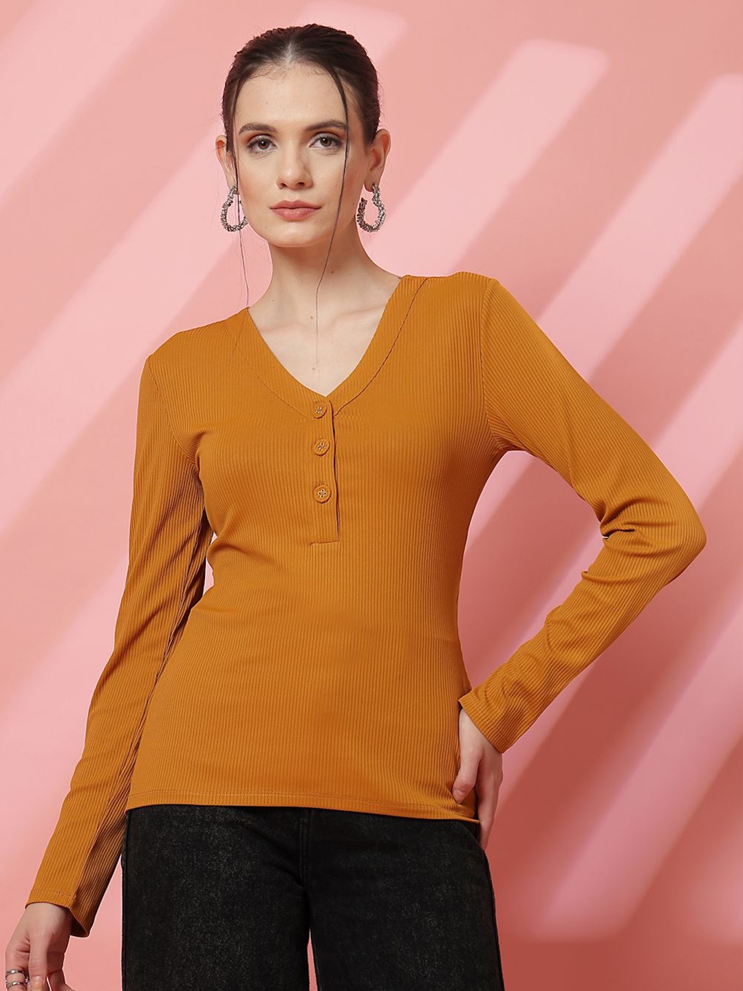 

KASSUALLY Women V-Neck Regular Top, Mustard