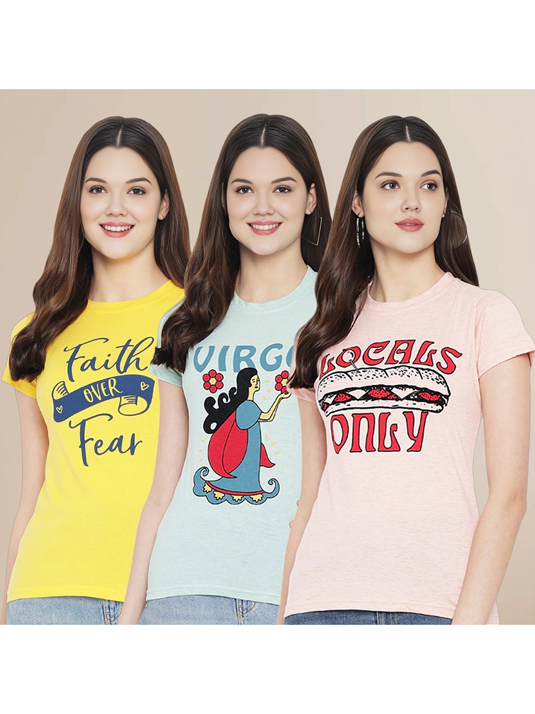 

Metronaut Women Pack Of 3 Typography Printed Round Neck Cotton T-shirts, Yellow