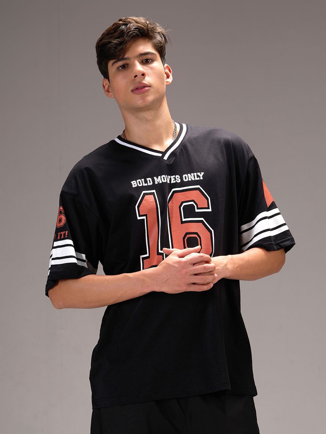 

IZF Men Graphic Printed V-Neck Cotton Oversized T-shirt, Black