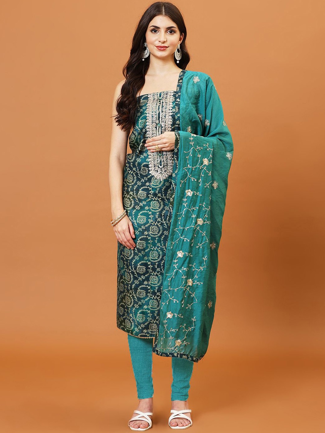 

Meena Bazaar Printed Unstitched Dress Material, Teal