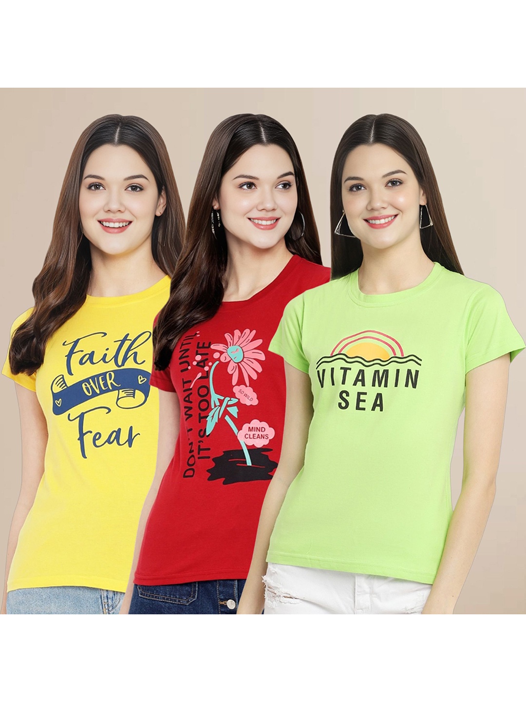 

Metronaut Women Pack Of 3 Typography Printed Round Neck Cotton T-shirts, Yellow