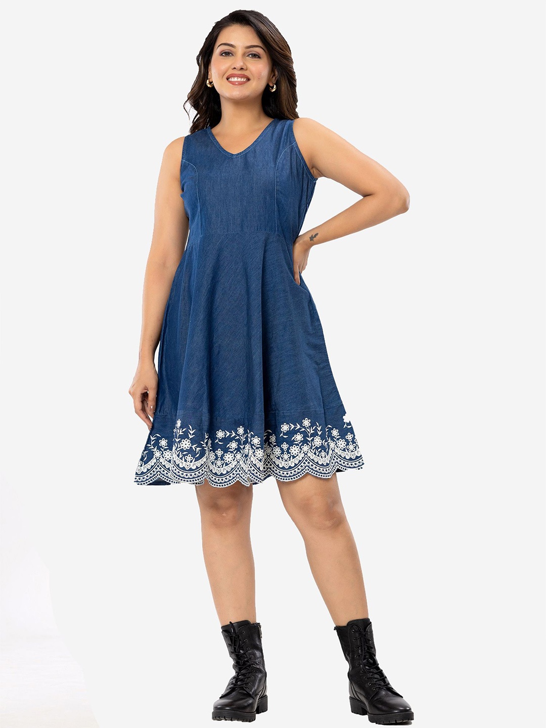 

SUMAVI-FASHION Women Embroidered Denim A-Line Dress, Blue