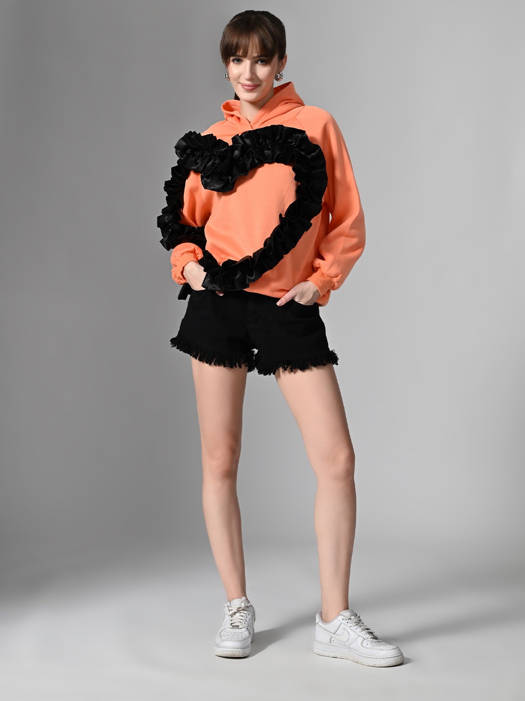 

PANKH Women Self Design Ruffled Heart Applique Pullover, Orange