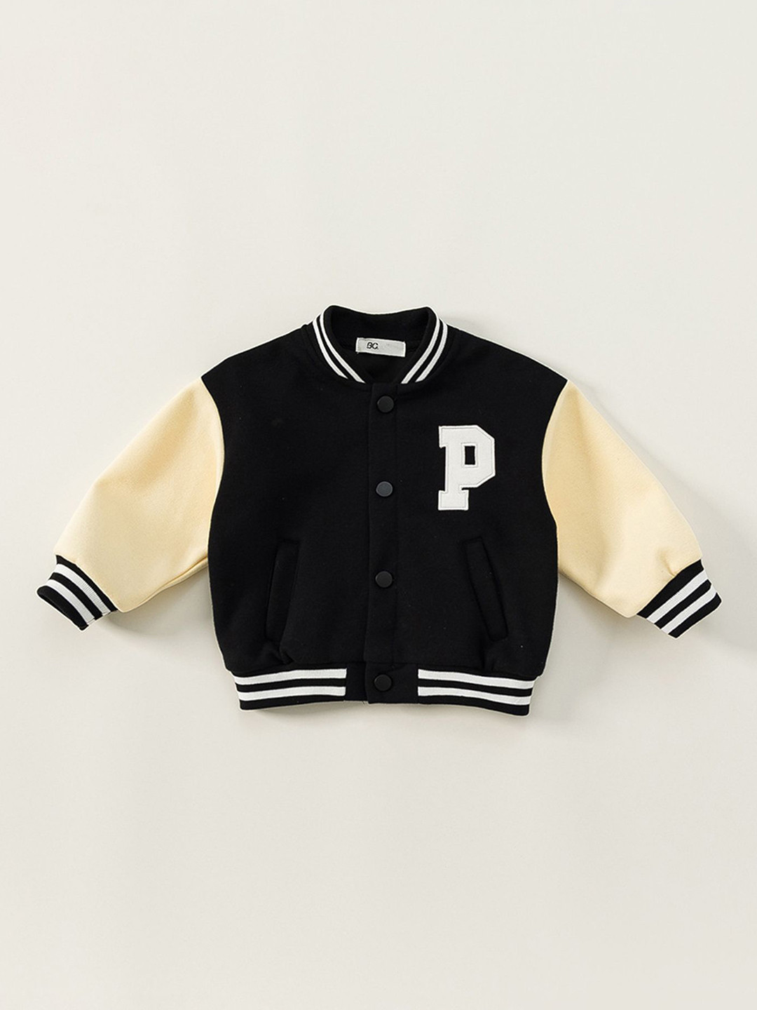 

LULU & SKY Boys Colourblocked Varsity Jacket with Patchwork, Black