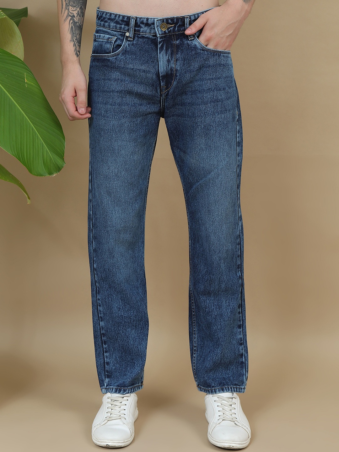 

Mast & Harbour Men Comfort Relaxed Fit Light Fade Stretchable Mid-Rise Jeans, Blue