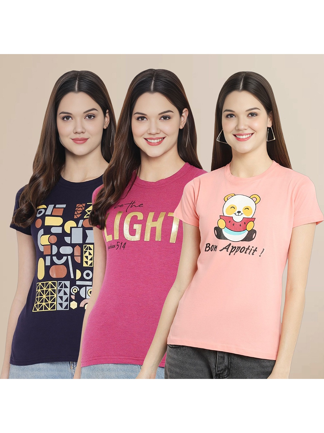 

Metronaut Women Pack Of 3 Typography Printed Round Neck Cotton T-shirts, Navy blue