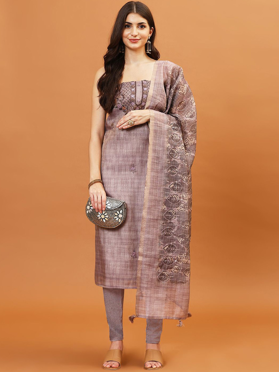 

Meena Bazaar Embroidered Thread Work Art Silk Unstitched Dress Material, Pink