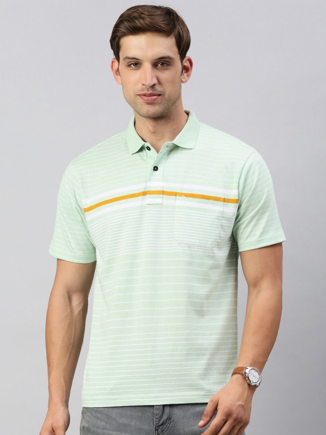 

Classic Polo Men Striped Polo Collar Cotton T-shirt, Green