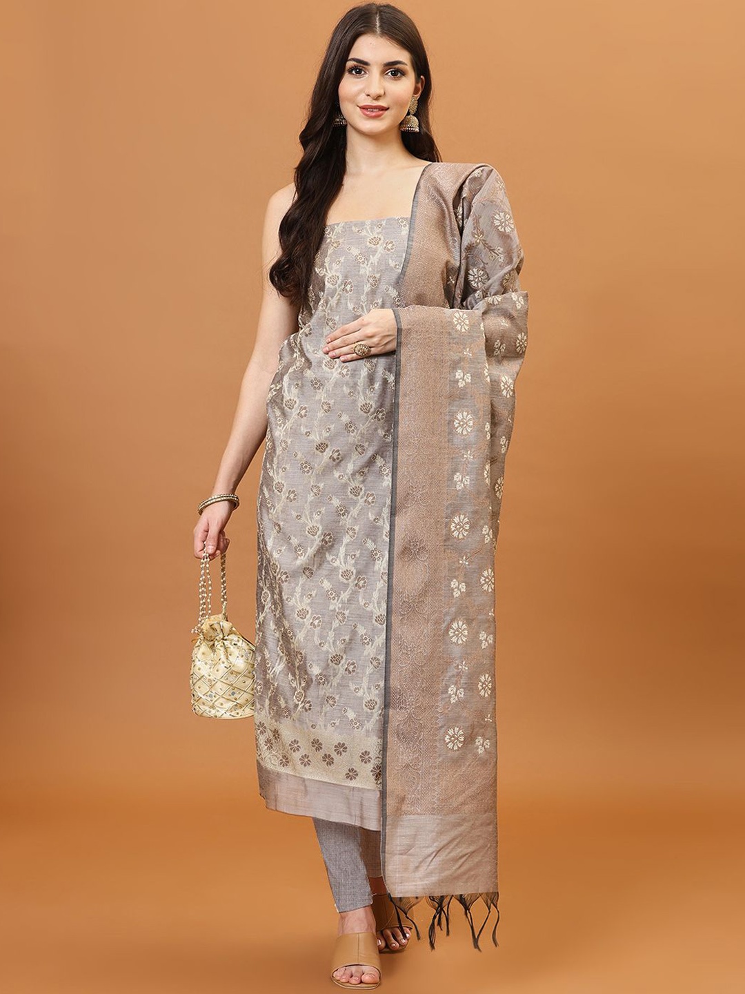 

Meena Bazaar Woven Design Art Silk Unstitched Dress Material, Brown