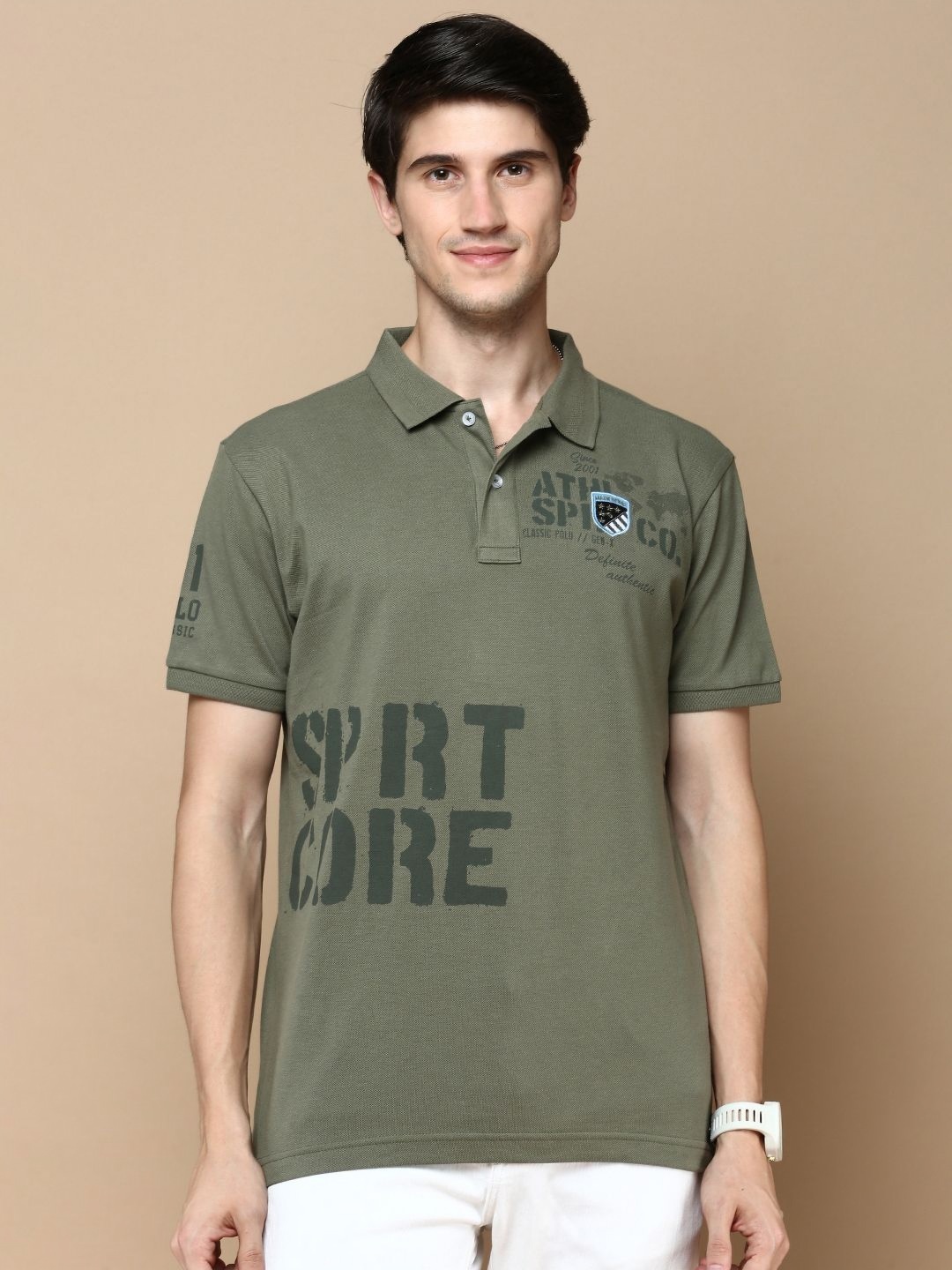 

Classic Polo Men Typography Printed Polo Collar Cotton T-shirt, Olive