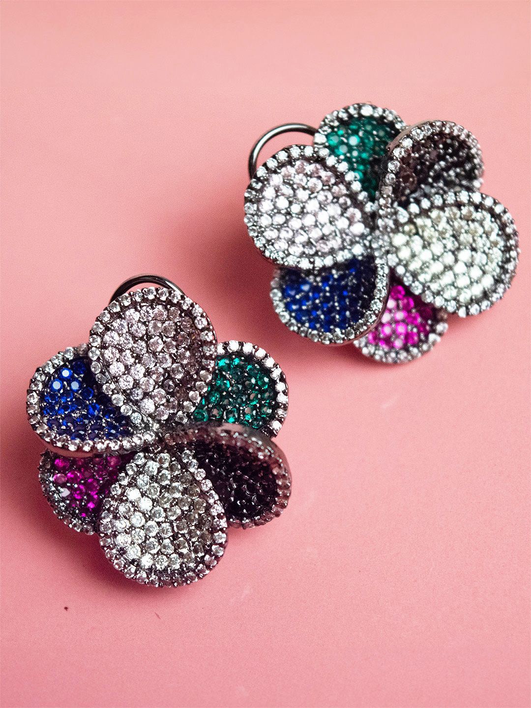 

SHARLEEZ Rhodium-Plated American Diamond Stone Studded Floral Studs, Silver