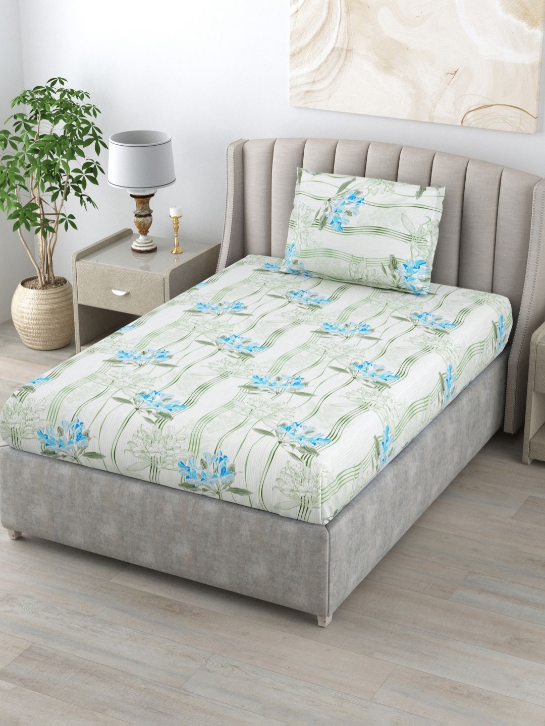 

BOMBAY DYEING Epigram Olive Green Floral Cotton 144 TC Single Bedsheet Set 1.50 m x 2.24 m