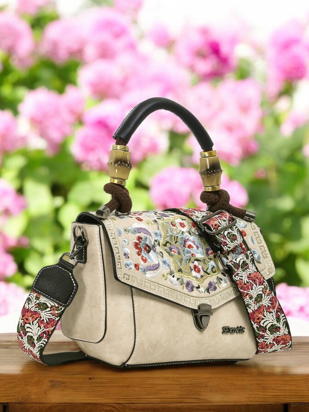 

Exotic Women Floral Printed Structured Leather Satchel Bag, Beige