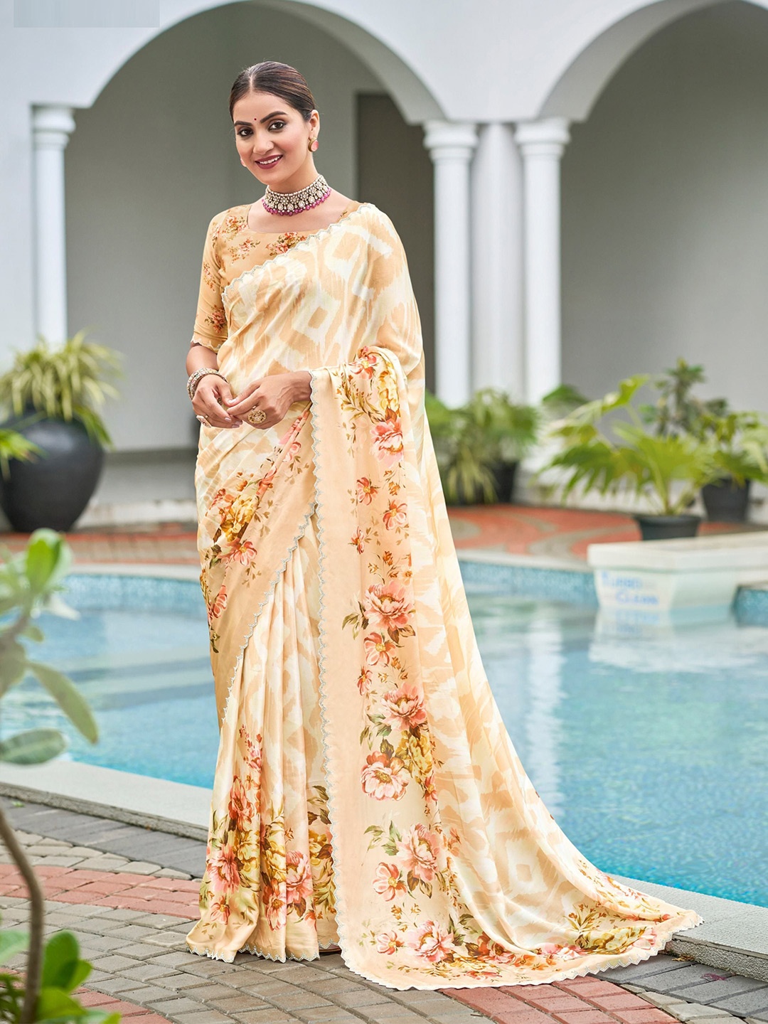 

MAHALASA Printed Sequinned Satin Saree, Beige