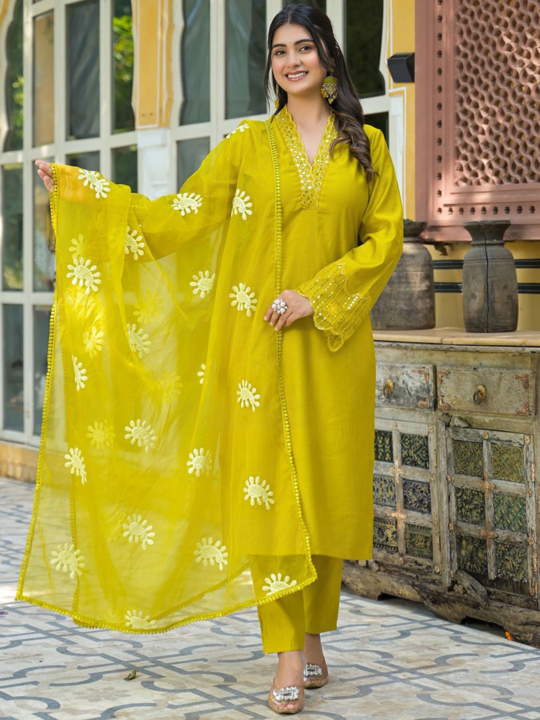 

AKS Couture V-Neck Woven Design Sequinned Straight Kurta with Trousers & Dupatta, Yellow