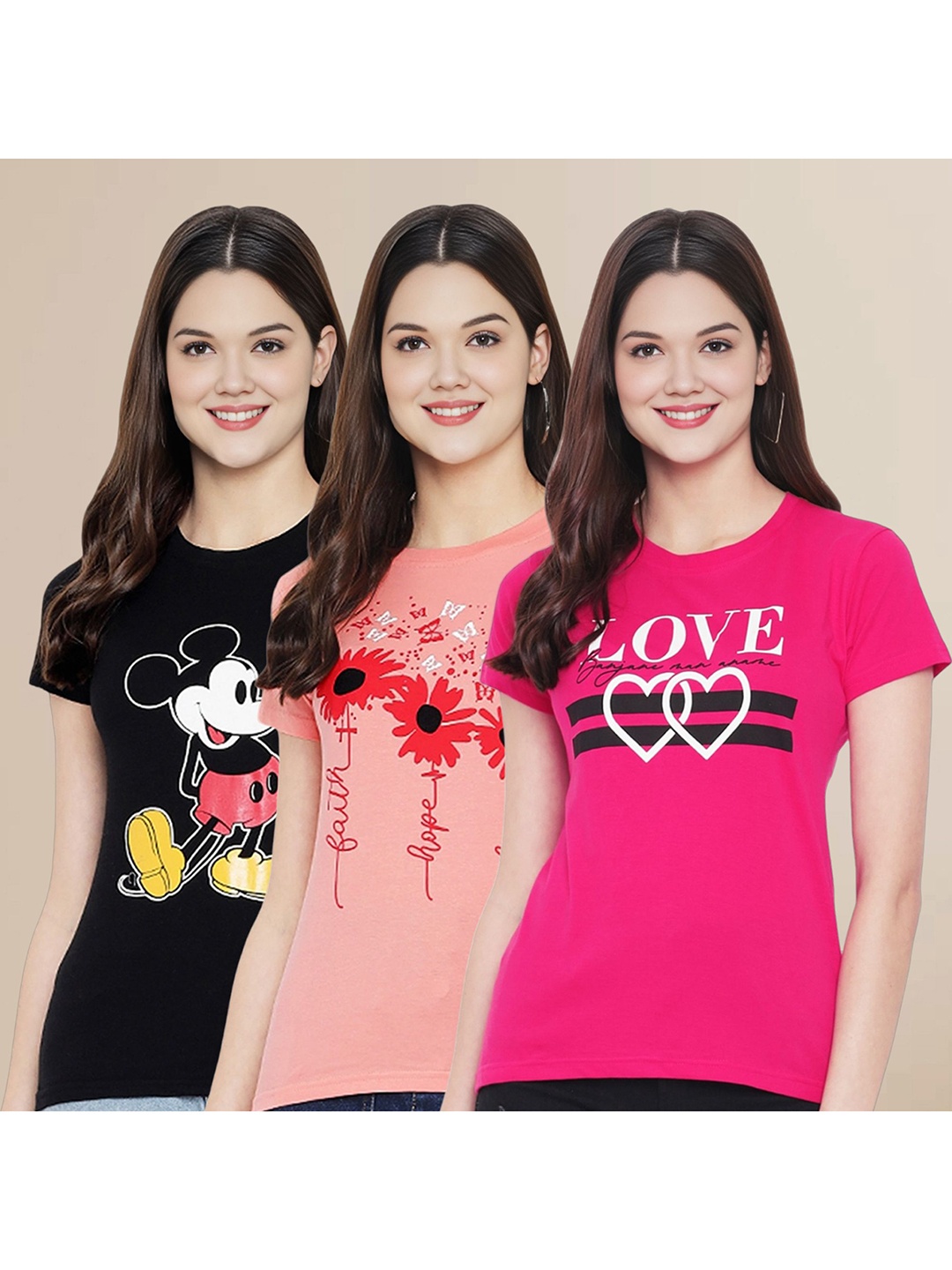 

Metronaut Women Pack Of 3 Typography Printed Round Neck Cotton Mickey Mouse T-shirts, Black