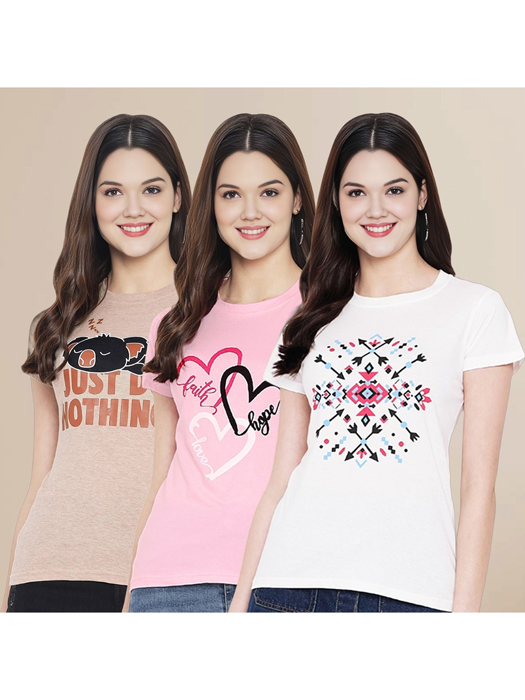 

Metronaut Women Pack Of 3 Typography Printed Round Neck Cotton T-shirts, Beige