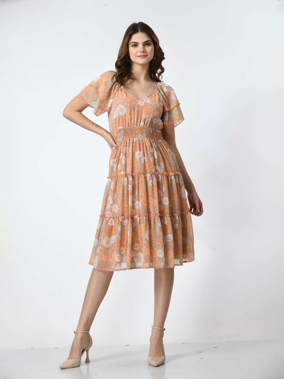 

Fuchsia Women Floral Printed Fit & Flare Dress, Peach