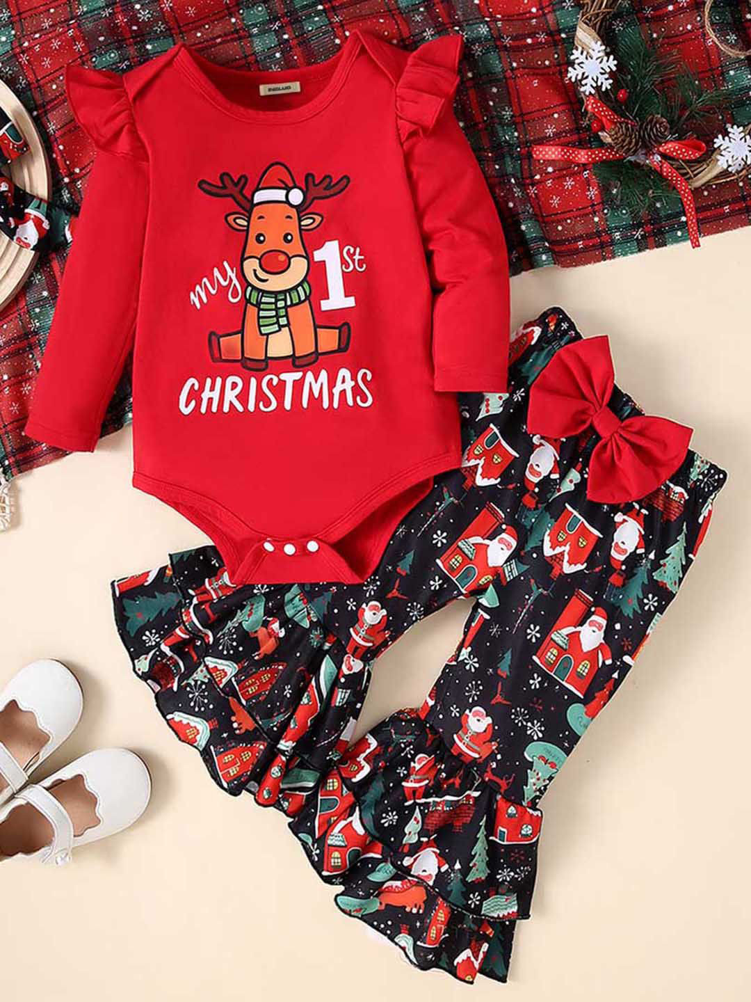 

INCLUD Girls Round Neck Printed Leotard with Trousers, Red