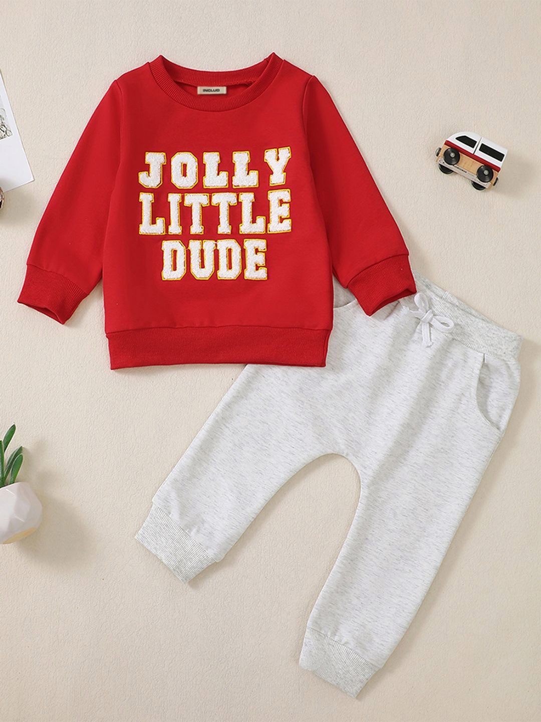 

INCLUD Boys Embellished Round Neck Long Sleeves Sweatshirt With Jogger, Red