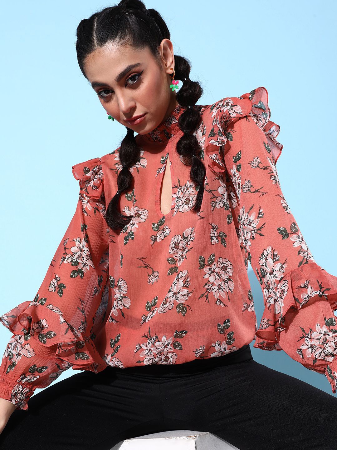 

QUIERO Women Floral Printed Ruffles Blouson Top, Coral