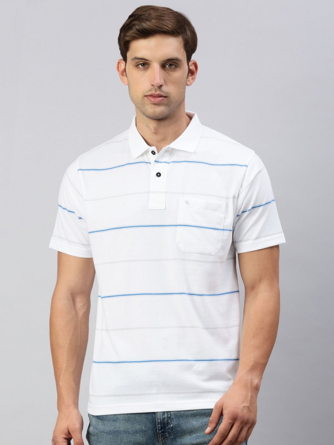 

Classic Polo Men Striped Polo Collar Cotton T-shirt, White