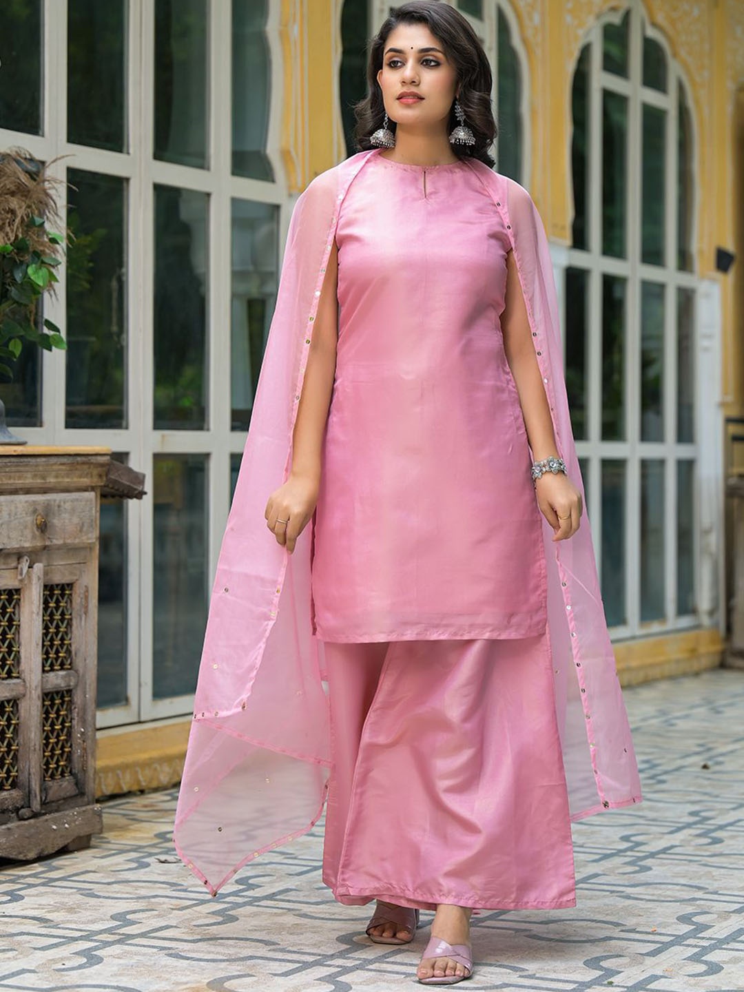 

AKS Couture Round Neck Kurta with Palazzo & Dupatta, Pink