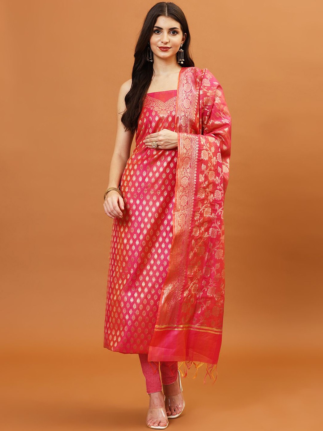 

Meena Bazaar Woven Design Art Silk Unstitched Dress Material, Pink