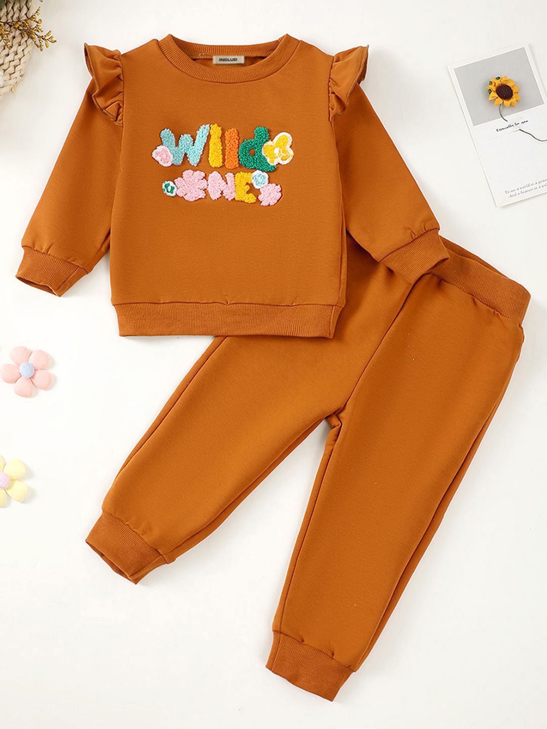 

INCLUD Girls Embellished Round Neck Long Sleeves Sweatshirt With Jogger, Brown