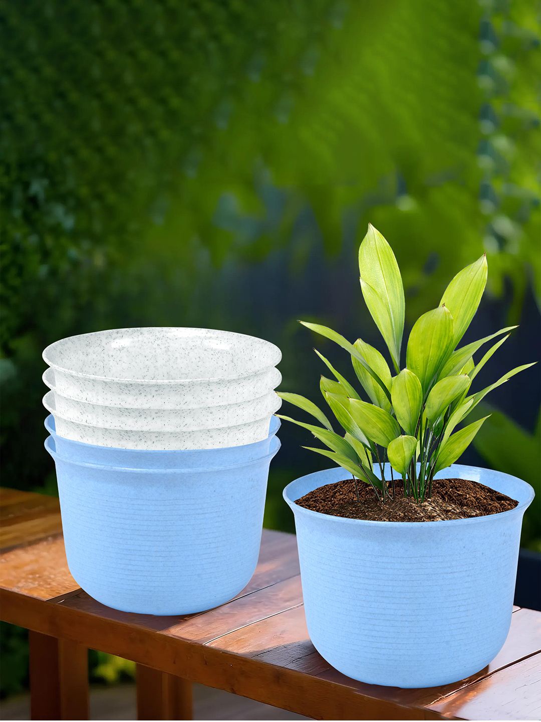 

Kuber Industries White & Blue 6 Pieces Sawera Textured Planters With Plate